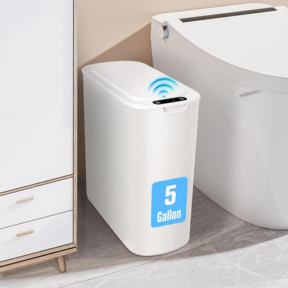 Motion Sensor Trash Can, 5 Gallon Automatic Bathroom Garbage Can with Lid, Touchless Smart Plastic Slim Wastebasket for Bathroom, Office, Rv, Bedroom, Living Room, White
