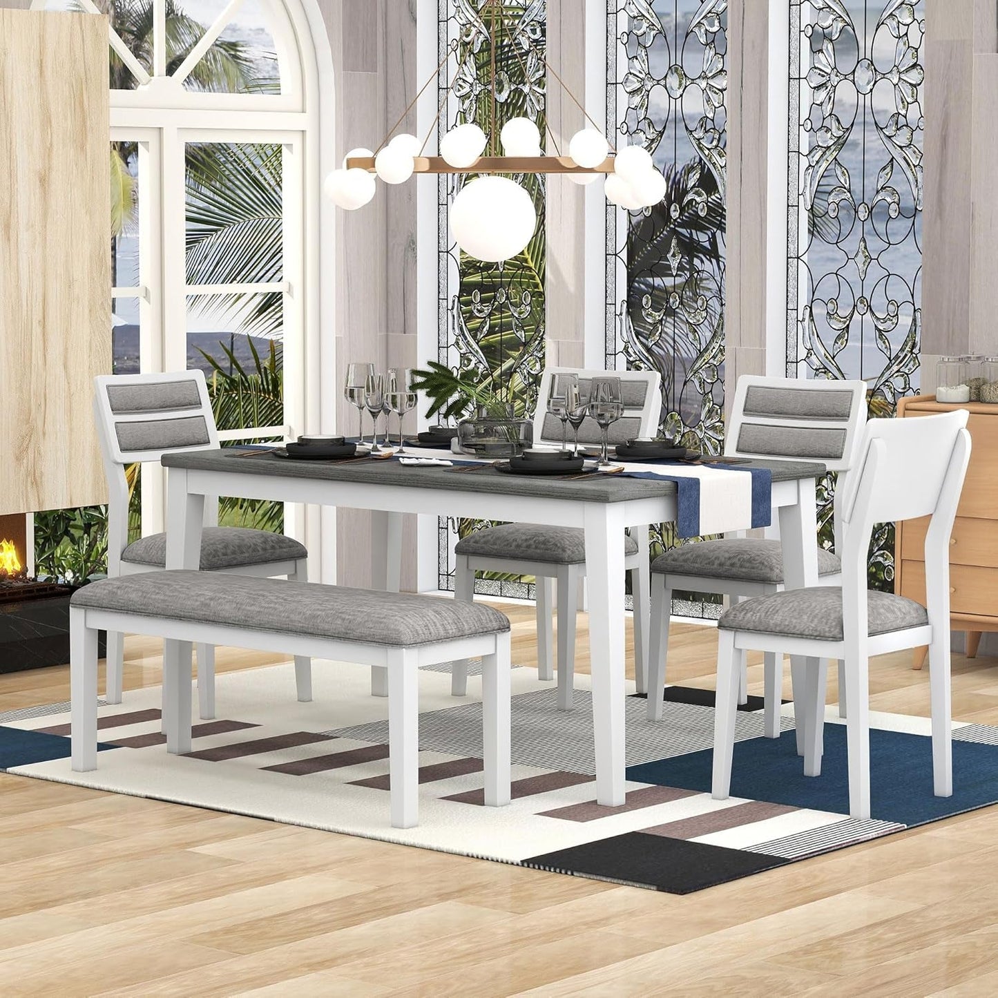 6 Pieces Dining Table Set with Bench, Rectangle Dining Table with 4 Upholstered Chairs & a Bench, Kitchen Table Chairs Set for 6 Persons, Wood Dining Room Set - White+Gray