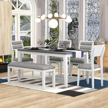 6 Pieces Dining Table Set with Bench, Rectangle Dining Table with 4 Upholstered Chairs & a Bench, Kitchen Table Chairs Set for 6 Persons, Wood Dining Room Set - White+Gray