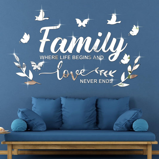 Mirror Family Wall Letter Quotes Decor 3D Acrylic Wall Decal Stickers DIY Removable Art Decals Motivational Butterfly Mural Stickers for Home Decor(Silver)