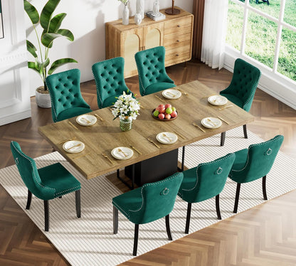 Farmhouse Extendable Dining Room Table Set for 8, 9-Piece Rectangle Kitchen Dining Room Table Set with Wood Base and 8 Green Velvet Dining Chairs, Extending Kitchen & Dining Table Set