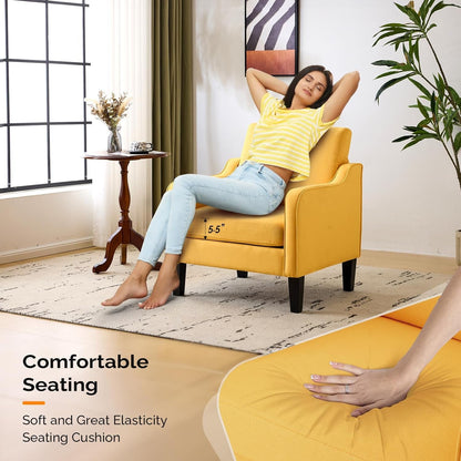 Accent Chairs Set of 2 Yellow Upholstered Linen Accent Chair for Living Room, Bedroom, Mid-Century Modern Arm Chair Comfy Reading Chair with Scooped Arms