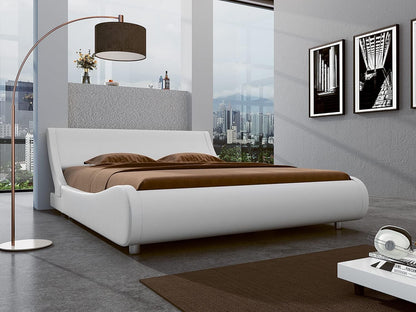 Modern Low Profile Platform Bed Frame Queen Size, Stylish Faux Leather Upholstered Sleigh Bed with Adjustable Headboard, No Box Spring Needed, White