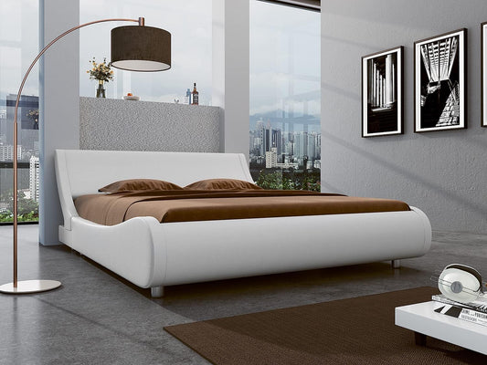 Modern Low Profile Platform Bed Frame Queen Size, Stylish Faux Leather Upholstered Sleigh Bed with Adjustable Headboard, No Box Spring Needed, White