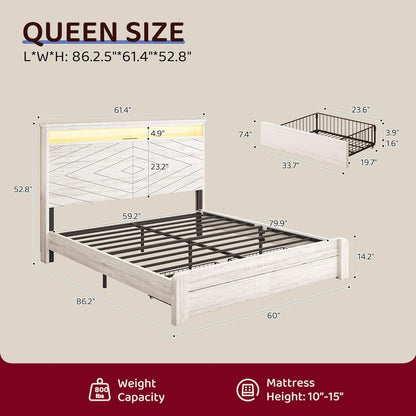 Queen Size Bed Frame with 2 Storage Drawers and Headboard Wooden Platform Bed Frame with LED Lights and Charging Station Easy Assembly/No Box Spring Needed/White