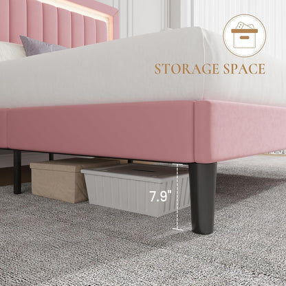 Queen Size Velvet Bed Frame with LED Light, Adjustable Vertical Channel Tufted Headboard, Strong Wooden Slats Support, Noise-Free, No Box Spring Needed, Pink