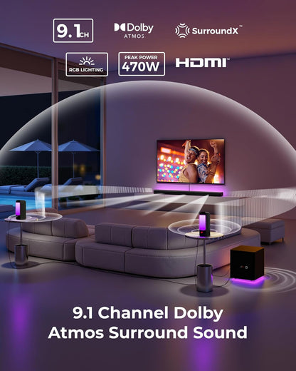 9.1Ch Surround Sound System with Dolby Atmos, 2 Rear Speaker, 6.5" Wireless Subwoofer, RGB Light, App, Detachable Surround Sound System for Home Theater, Peak Power 470W, HDMI Earc, Apollo S90