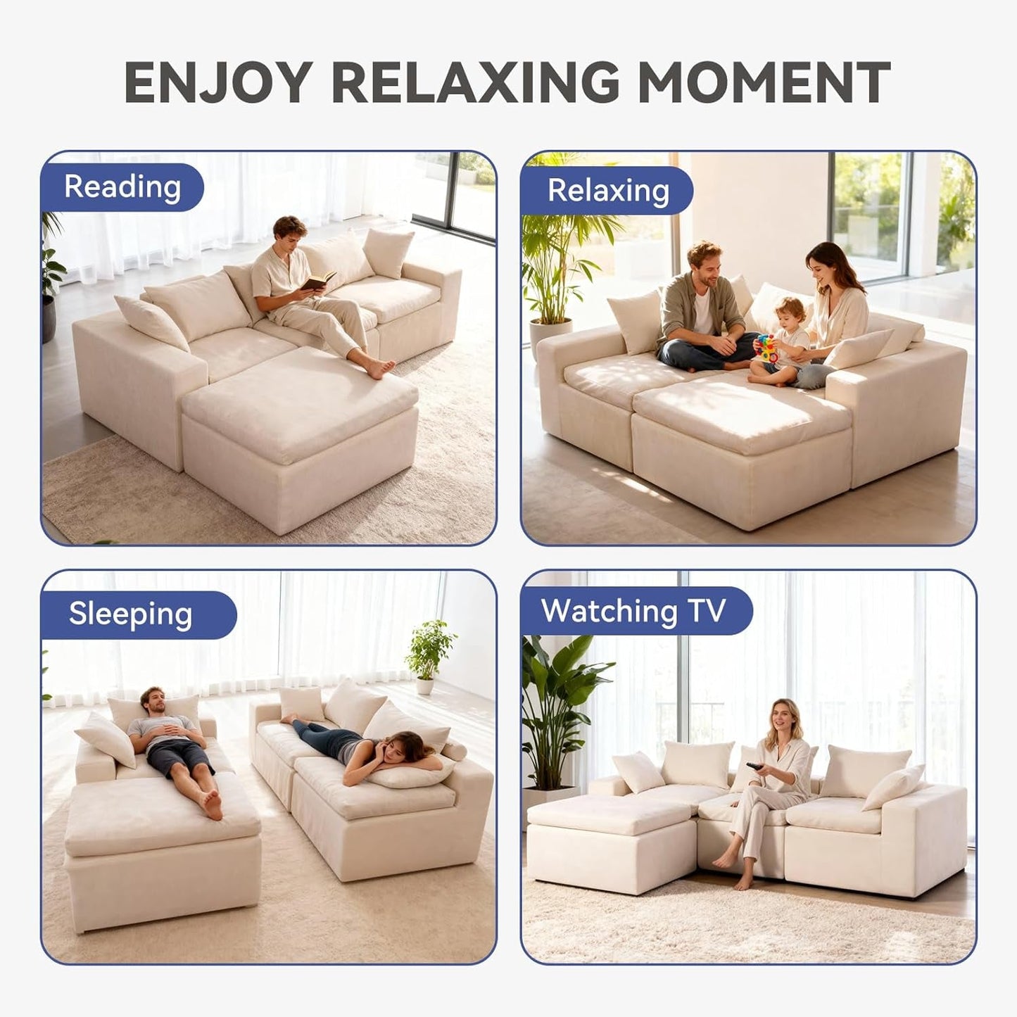 108 Inch Cloud Sectional Couch, Modular Sectional Sofa with Deep Seat, Convertible L-Shape Couch with Ottoman, 3 Seater Cloud Couches for Living Room, No Assembly Required（Warm White）
