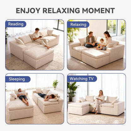 108 Inch Cloud Sectional Couch, Modular Sectional Sofa with Deep Seat, Convertible L-Shape Couch with Ottoman, 3 Seater Cloud Couches for Living Room, No Assembly Required（Warm White）