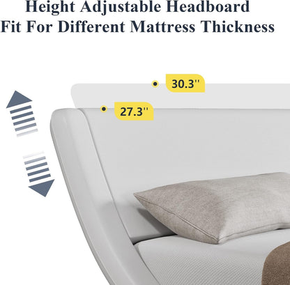 Queen Size Upholstered Platform Bed Frame with Ergonomic & Adjustable Headboard, Modern Low Profile Sleigh Design - Easy Assembly, No Box Spring Needed, White