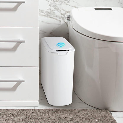 Automatic Motion Sensor Bathroom Trash Can with Lid, 2.6 Gallon Touchless Trash Bin, Smart Plastic Slim Garbage Can Small White Wastebasket for Toilet, Office, Rv, Bedroom, Living Room