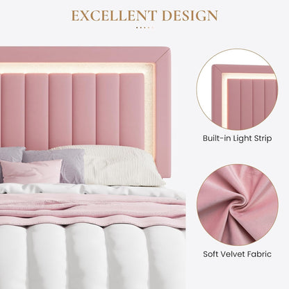 Queen Size Velvet Bed Frame with LED Light, Adjustable Vertical Channel Tufted Headboard, Strong Wooden Slats Support, Noise-Free, No Box Spring Needed, Pink