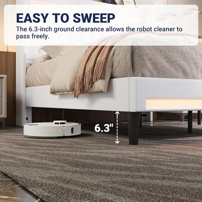 Upholstered Full Size Platform Bed Frame with LED Light and Charging Station, Button Tufted High Headboard, Wingback Design, Noise Free, Easy Assembly, No Box Spring Needed, White