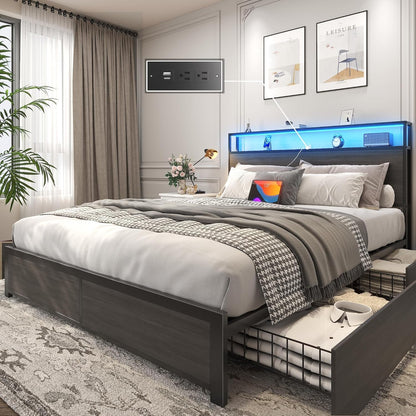 Queen Bed Frame with 2-Tier Storage Headboard, Metal Platform Bed Frame with 4 Storage Drawers, Built in Charging Station & LED, Noise-Free/Metal Support/No Box Spring Needed, Rustic Grey