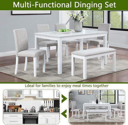6 Piece Solid Wood Dining Set, Farmhouse Kitchen Table Set with 4 Upholstered Chairs & Bench for Kitchen, Dining Room, White