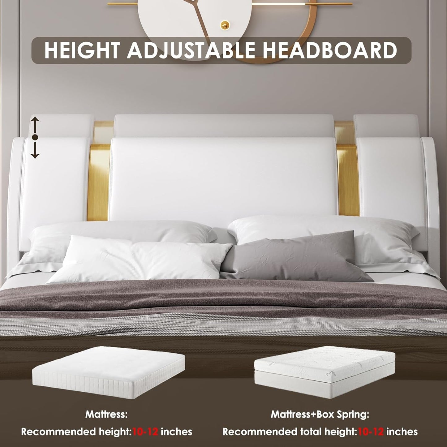 Modern Faux Leather Upholstered Platform Bed Frame with Golden Iron Metal Decor, Adjustable Curved Headboard, Wooden Slats Support, No Box Spring Needed, Queen Size, White