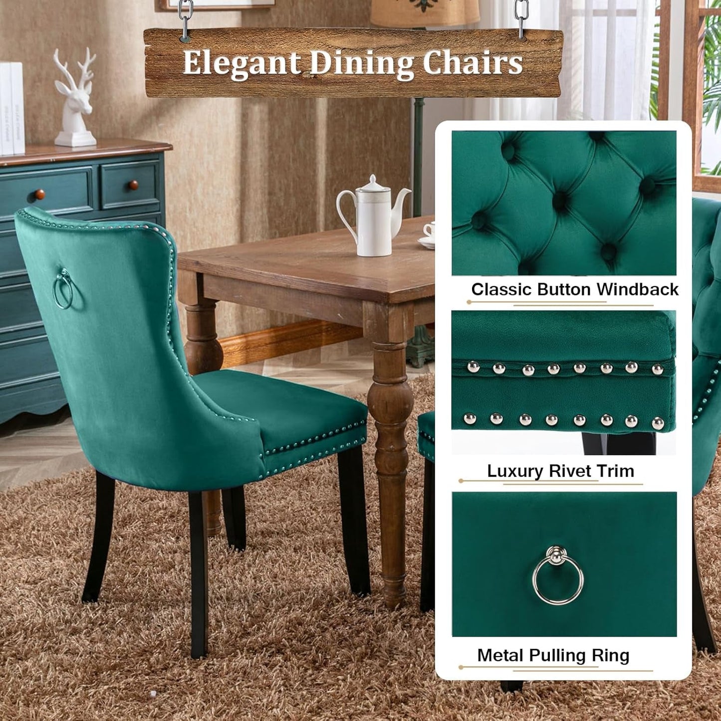 Farmhouse Extendable Dining Room Table Set for 8, 9-Piece Rectangle Kitchen Dining Room Table Set with Wood Base and 8 Green Velvet Dining Chairs, Extending Kitchen & Dining Table Set