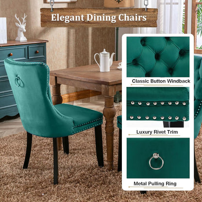Farmhouse Extendable Dining Room Table Set for 8, 9-Piece Rectangle Kitchen Dining Room Table Set with Wood Base and 8 Green Velvet Dining Chairs, Extending Kitchen & Dining Table Set