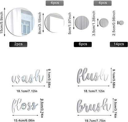 30 Pcs Bathroom Wall Decals Brush Wash Flush Floss Stickers 3D round Mirrors Wall Decal Self Adhesive DIY Acrylic Mirror Decor Beautiful Art Words Decor for Home Bedroom (Silver)