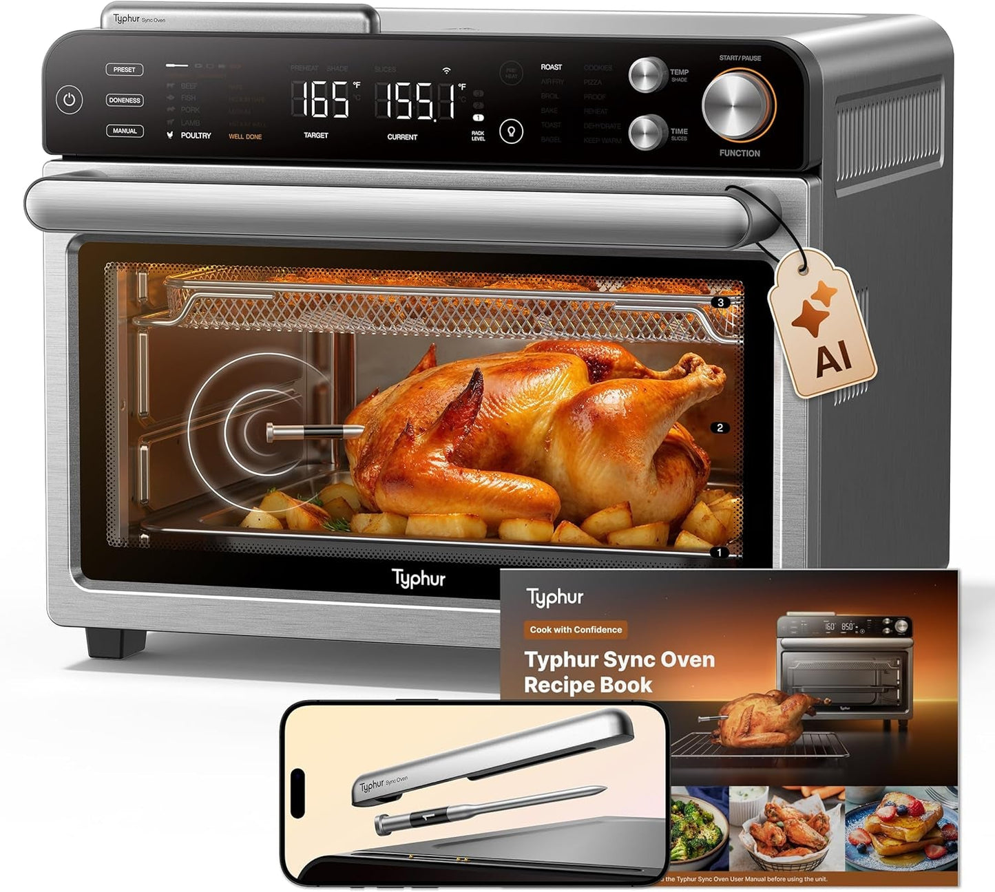 Sync Oven with Smart Wireless Meat Thermometer Probe, 12‑In‑1 Countertop Air Fryer Toaster Oven Combo, 360° Turbo Convection, Dehydrator, Recipes & 5 Accessories, Large 27QT, Stainless Steel