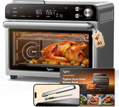 Sync Oven with Smart Wireless Meat Thermometer Probe, 12‑In‑1 Countertop Air Fryer Toaster Oven Combo, 360° Turbo Convection, Dehydrator, Recipes & 5 Accessories, Large 27QT, Stainless Steel