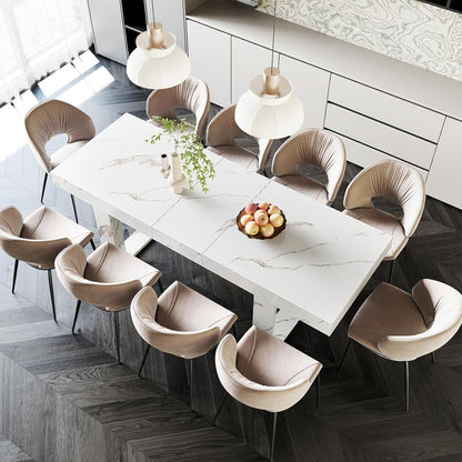 White Marble Extendable Dining Room Table for 8 10, 70.9" (86.6") X 31.5", Rectangle Dinner Table for 6-10, Modern Expandable Retractable Kitchen Table (White)