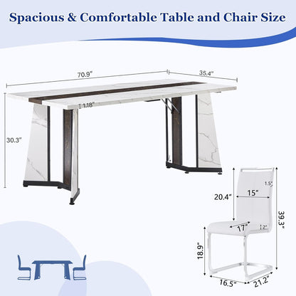 Dining Table Set for 6,White Marble 71'' Dining Room Table with Spacious Legroom and White Leather Dining Chairs,Easy Assembley,7 Pieces Kitchen Table and Chairs for Dining Room,Restaurant
