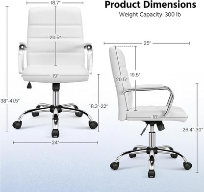 Office Desk Chair Mid-Back Leather Computer Chair Height Adjustable Ergonomic Executive Chair W/Lumbar Support Comfy Thick Padded Armrests and Seat, White