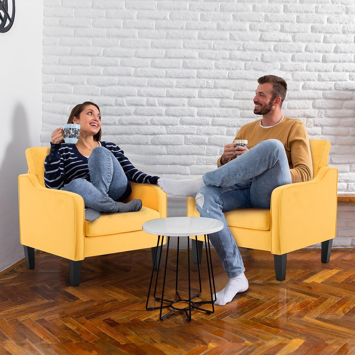 Accent Chairs Set of 2 Yellow Upholstered Linen Accent Chair for Living Room, Bedroom, Mid-Century Modern Arm Chair Comfy Reading Chair with Scooped Arms