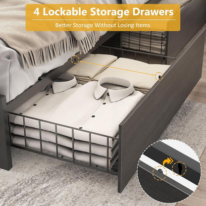 Queen Bed Frame with 2-Tier Storage Headboard, Metal Platform Bed Frame with 4 Storage Drawers, Built in Charging Station & LED, Noise-Free/Metal Support/No Box Spring Needed, Rustic Grey