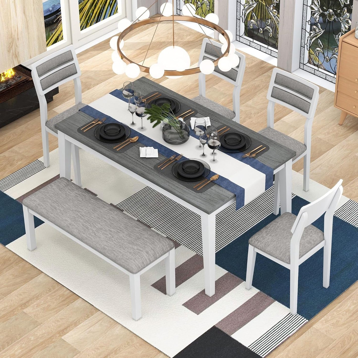 6 Pieces Dining Table Set with Bench, Rectangle Dining Table with 4 Upholstered Chairs & a Bench, Kitchen Table Chairs Set for 6 Persons, Wood Dining Room Set - White+Gray