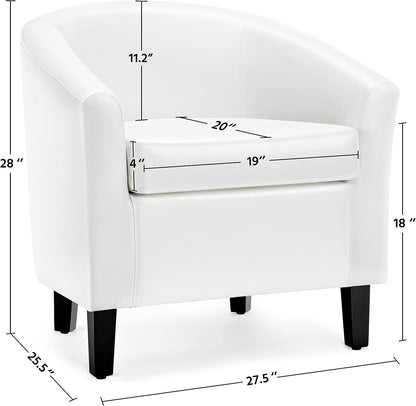 White Leather Chair, Faux Leather Accent Chair, Modern Barrel Chair Comfy Club Chair with Soft Padded and Solid Legs for Living Room Bedroom Reception Room, White