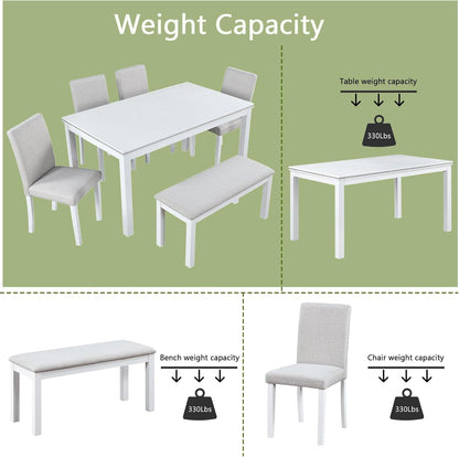 6 Piece Solid Wood Dining Set, Farmhouse Kitchen Table Set with 4 Upholstered Chairs & Bench for Kitchen, Dining Room, White