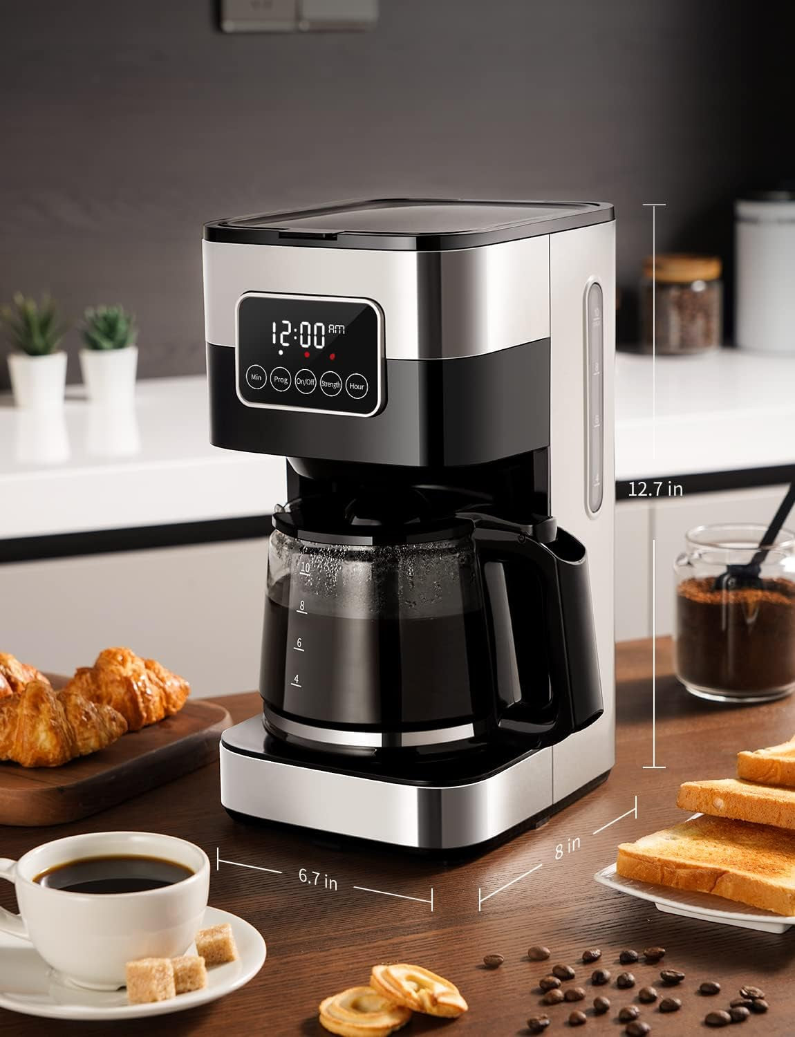 10-Cup Programmable Coffee Maker, Regular & Strong Brew Drip Coffee Machine for Home and Office, Auto Shut Off, Permanent Filter, Silver