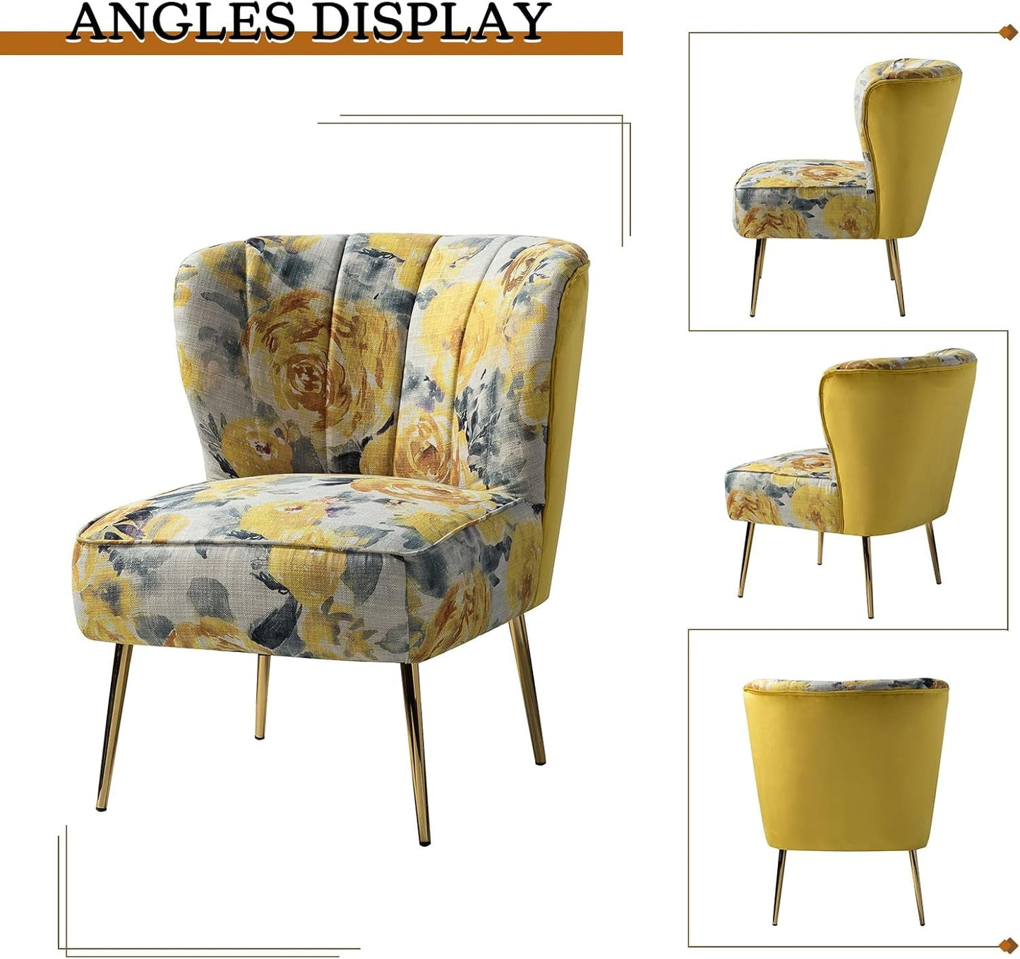 Accent Chair Set of 2 with Golden Legs, Comfy Floral Fabric Living Room Chair, Wingback Small Armless Side Chair, Upholstered Slipper Chair for Bedroom, Reading Room (Flower Print, YELLOW)