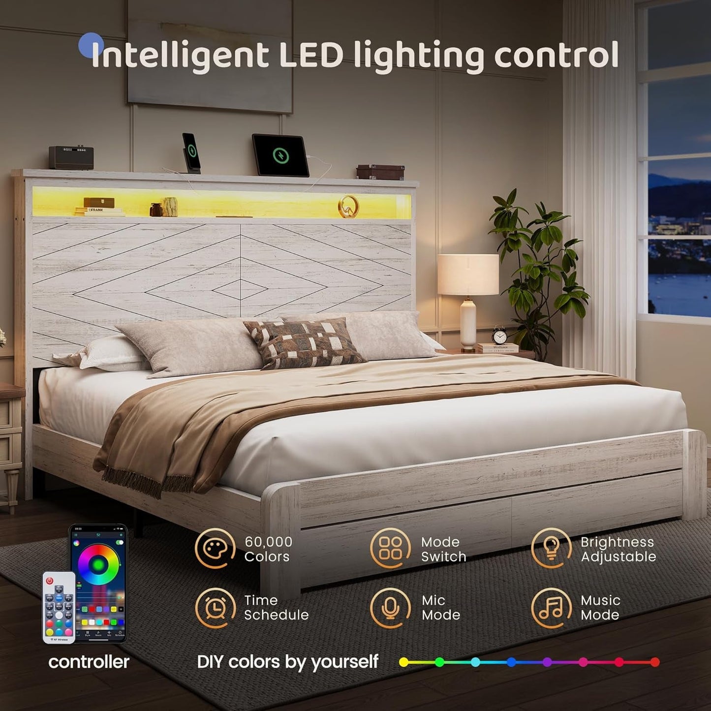 Queen Size Bed Frame with 2 Storage Drawers and Headboard Wooden Platform Bed Frame with LED Lights and Charging Station Easy Assembly/No Box Spring Needed/White