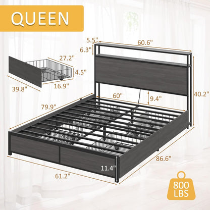 Queen Bed Frame with 2-Tier Storage Headboard, Metal Platform Bed Frame with 4 Storage Drawers, Built in Charging Station & LED, Noise-Free/Metal Support/No Box Spring Needed, Rustic Grey