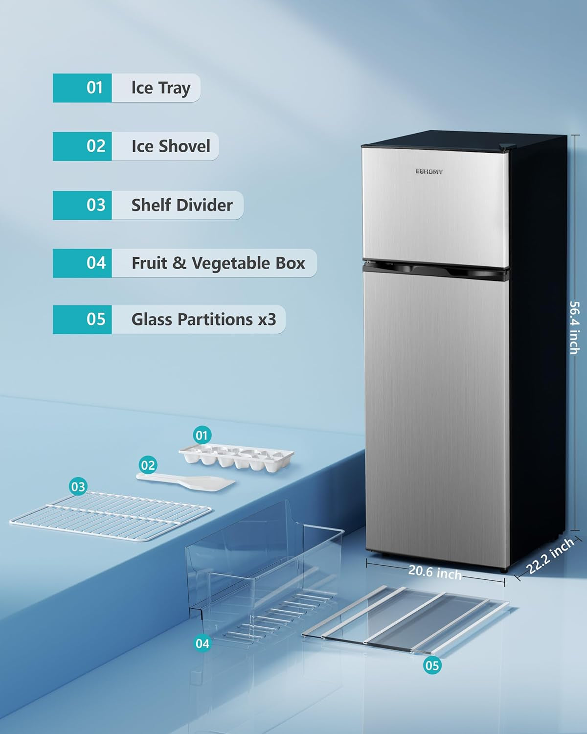 7.4 Cu.Ft. Refrigerator with Freezer, 2 Door Fridge, Adjustable Thermostat，Large Capacity, Refrigerator for Kitchen/Dorm/Office/Apartment - Food Storage or Cooling Drinks, Silver