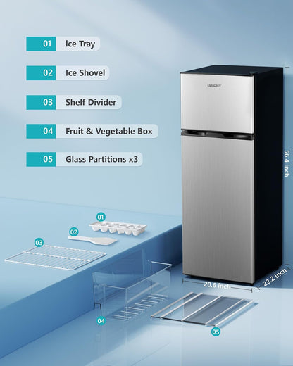 7.4 Cu.Ft. Refrigerator with Freezer, 2 Door Fridge, Adjustable Thermostat，Large Capacity, Refrigerator for Kitchen/Dorm/Office/Apartment - Food Storage or Cooling Drinks, Silver