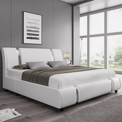 Modern Faux Leather Upholstered Platform Bed Frame with Mirror Metal Decoration Headboard, Curved Headboard, Wooden Slats Support, No Box Spring Needed, Queen Size, White