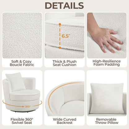 Swivel Barrel Accent Chair, 360 Degree Swivel round Chairs with Removable Throw Pillow, Soft Boucle Single Arm Sofa for Living Room Bedroom Reading, White