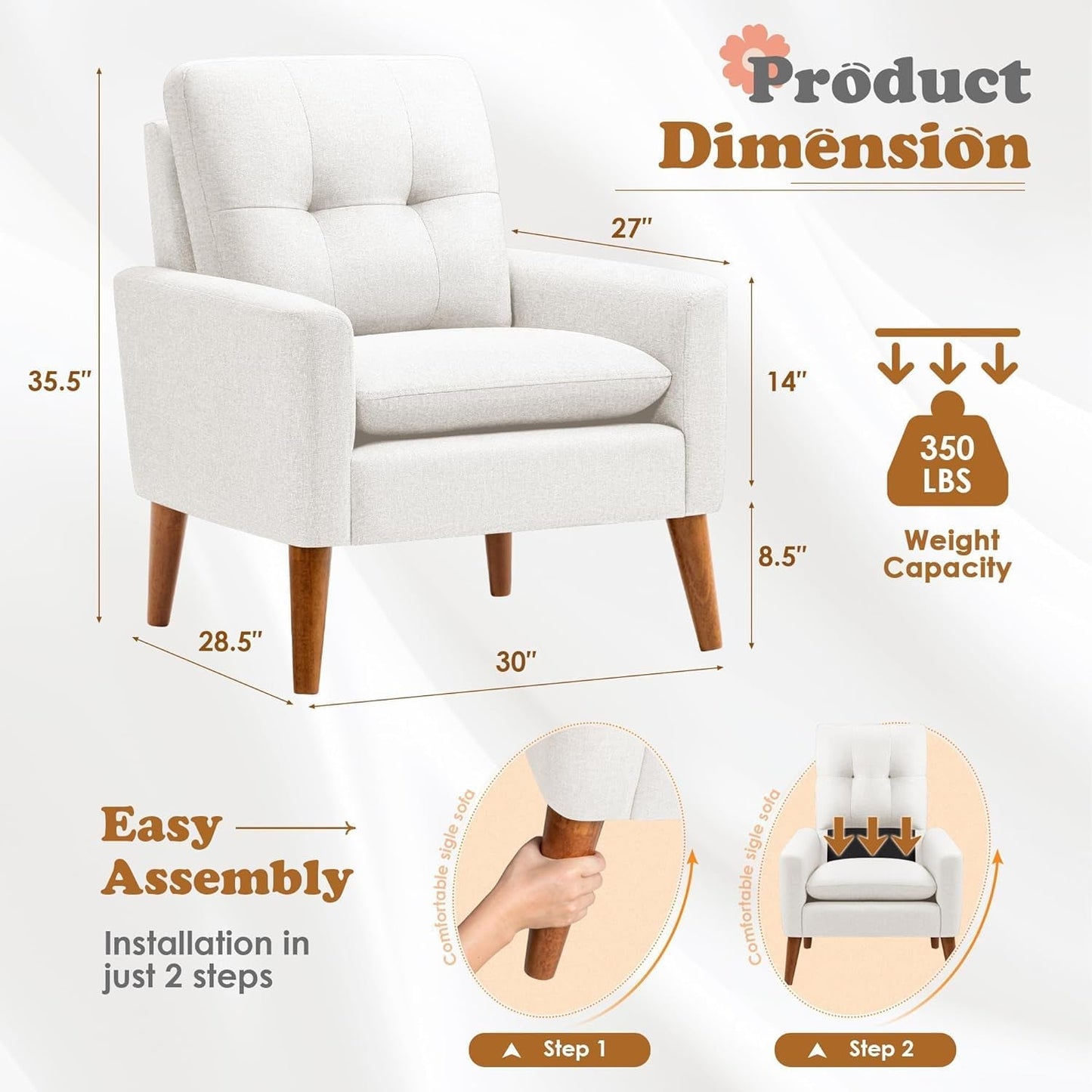 Mid Century Accent Chair, Fabric Modern Reading Living Room Chair, Fluffy Comfy Armchair Small Sofa Chair with Wood Legs for Bedroom Office Cafe, Set of 2 (Pure White)