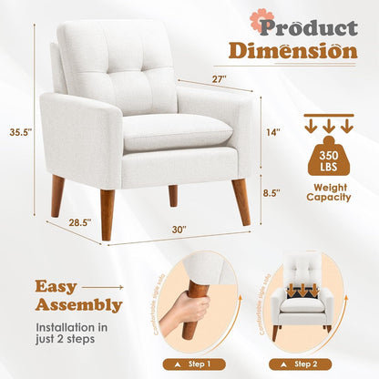 Mid Century Accent Chair, Fabric Modern Reading Living Room Chair, Fluffy Comfy Armchair Small Sofa Chair with Wood Legs for Bedroom Office Cafe, Set of 2 (Pure White)