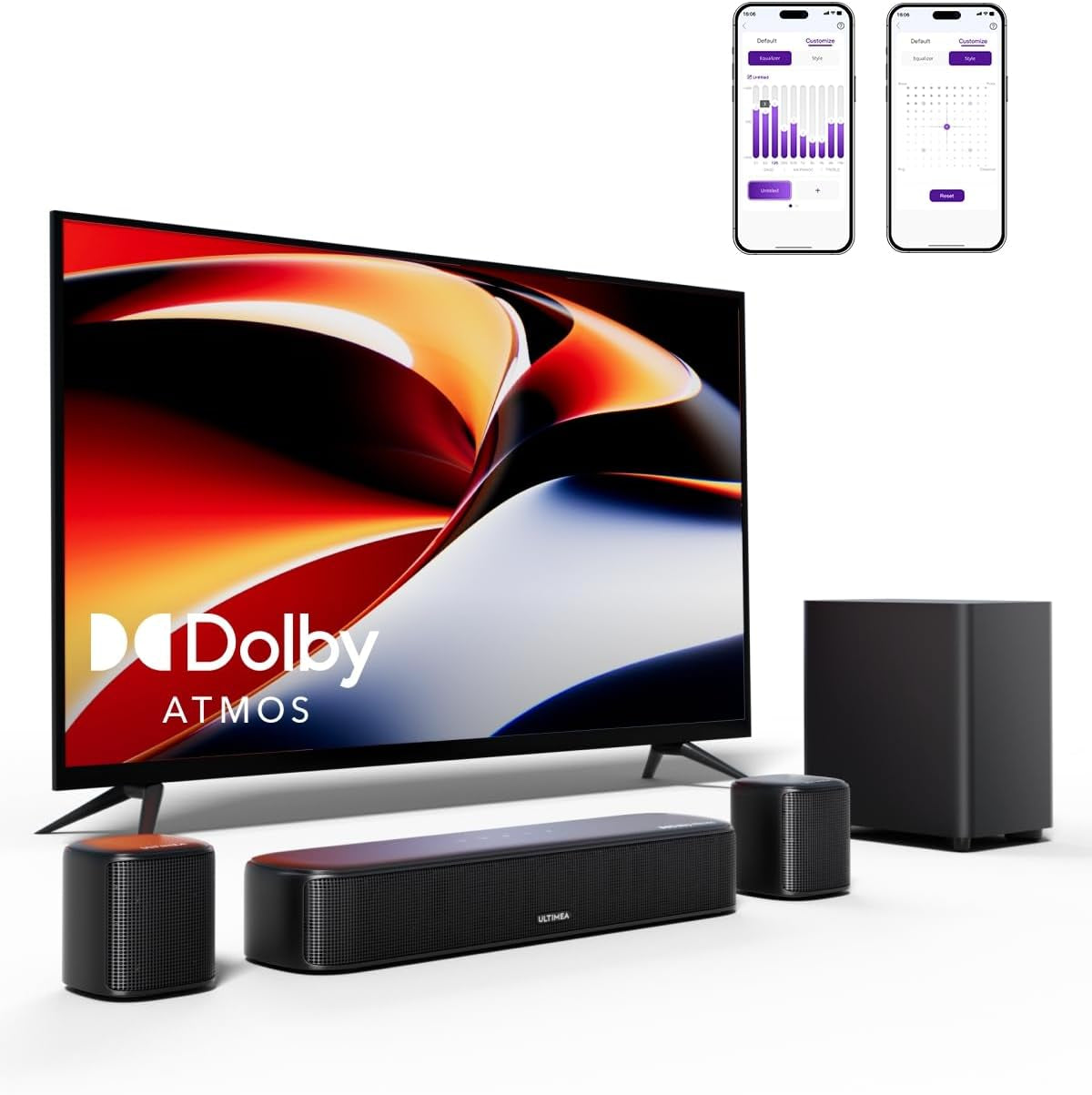 5.1Ch Sound Bar with Dolby Atmos, Surround Sound System for TV, App Control, Home Theater Sound System, TV Soundbar with Subwoofer, 2 Surround Speakers, HDMI Earc/Opt/Aux/Bt, Aura A50 Pro