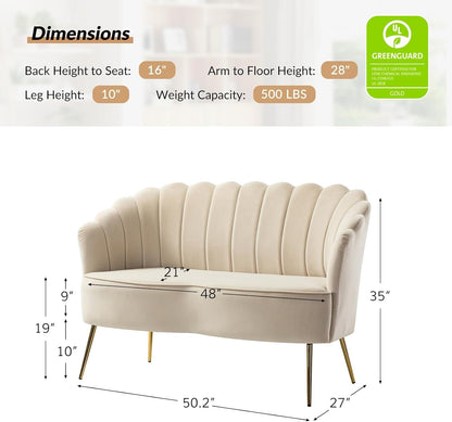 Modern Velvet Loveseat Sofa with Flower Shaped Back, Comfy Upholstered 2-Seater Sofa with Gold Metal Legs, Small Love Seat Accent Couch for Living Bedroom Leisure Areas, Tan