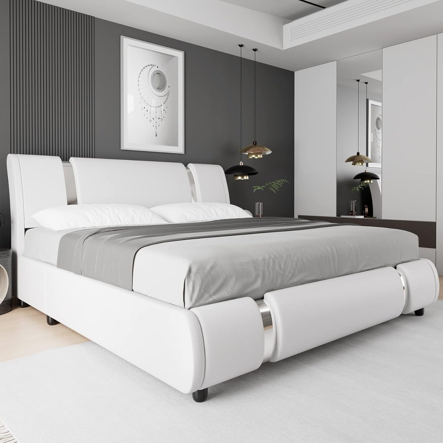 Modern Faux Leather Upholstered Platform Bed Frame with Iron Metal Decor, Adjustable Curved Headboard, Wooden Slats Support, No Box Spring Needed, Queen Size, White