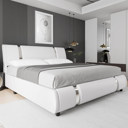 Modern Faux Leather Upholstered Platform Bed Frame with Iron Metal Decor, Adjustable Curved Headboard, Wooden Slats Support, No Box Spring Needed, Queen Size, White