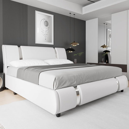 Modern Faux Leather Upholstered Platform Bed Frame with Iron Metal Decor, Adjustable Curved Headboard, Wooden Slats Support, No Box Spring Needed, Queen Size, White