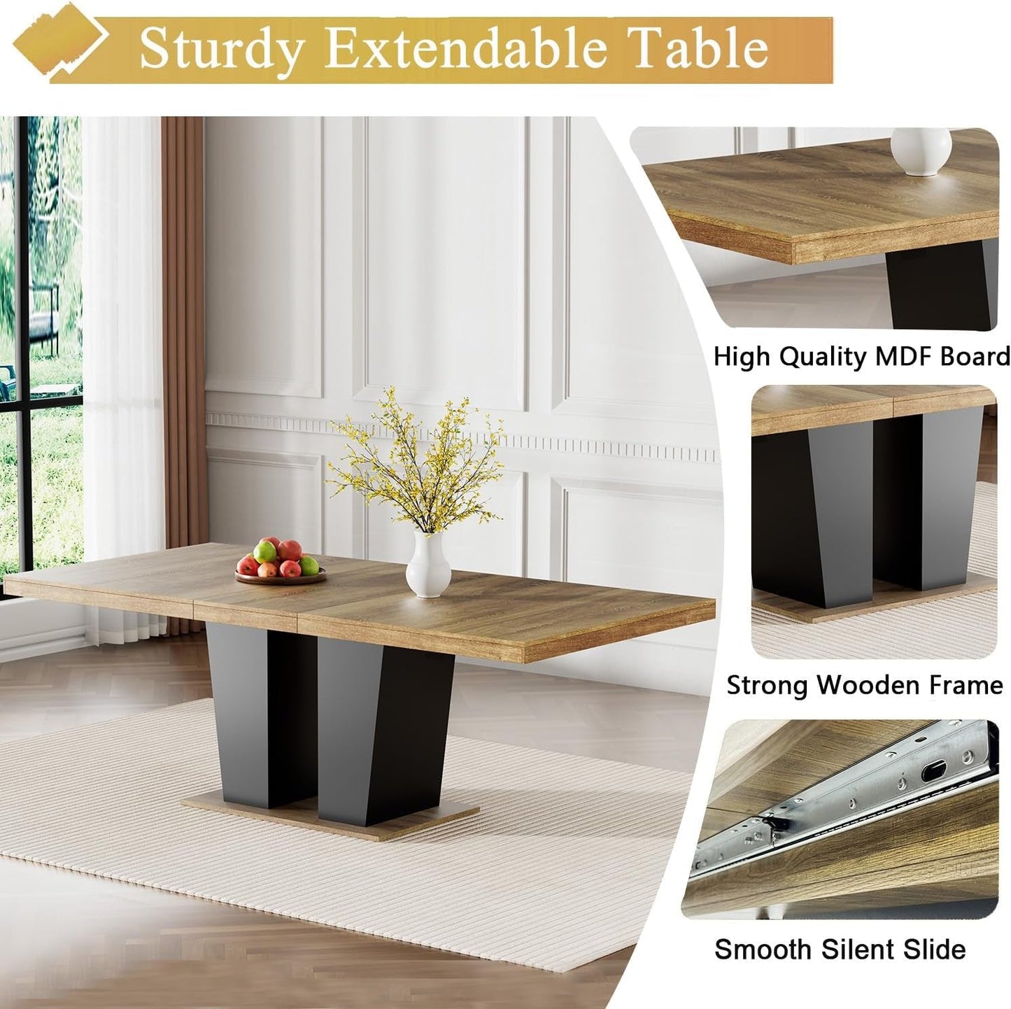 Farmhouse Extendable Dining Room Table Set for 8, 9-Piece Rectangle Kitchen Dining Room Table Set with Wood Base and 8 Green Velvet Dining Chairs, Extending Kitchen & Dining Table Set