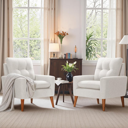 Mid Century Accent Chair, Fabric Modern Reading Living Room Chair, Fluffy Comfy Armchair Small Sofa Chair with Wood Legs for Bedroom Office Cafe, Set of 2 (Pure White)